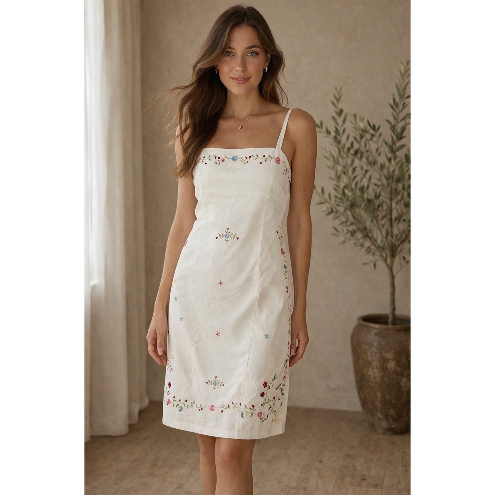 Depeche Mode Yves Cossette White Embroidered Linen Sheath Dress Size 16 NWT
